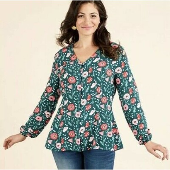 Matilda Jane Small Top Yesteryear Blouse Green Pink V Neck Button‎ Down 992 - Picture 9 of 9